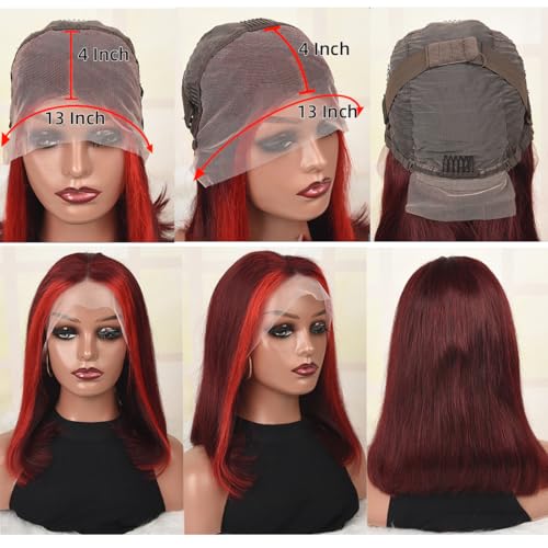 Koinu Highlight Red 99J Bob Wig 13x4 Lace Front Human Hair 14 Inch, 180 Density