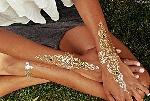 Metallic Temporary Tattoos 4 Sheet Pack - Gold, Silver, Black Henna-Inspired Waterproof Body Art