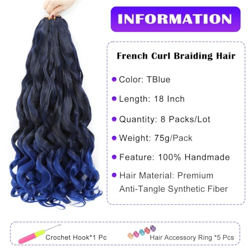 French Curly Braiding Hair 8 Packs Loose Wavy Synthetic Extensions - T/Blue, 18 Inch