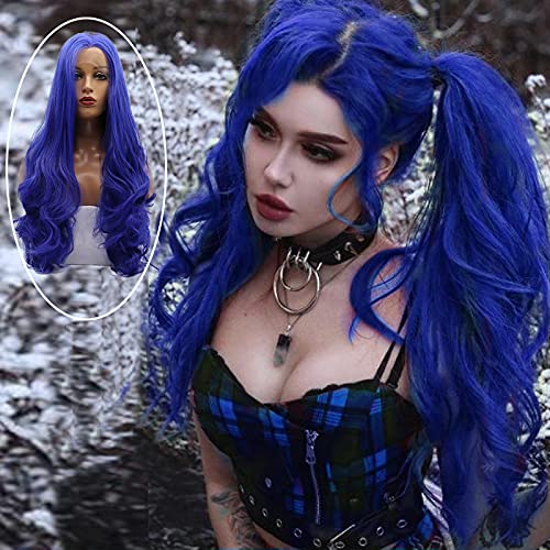 Dark Blue Lace Front Wigs for Women 24 Inch Curly Long Synthetic Heat-Resistant Hair