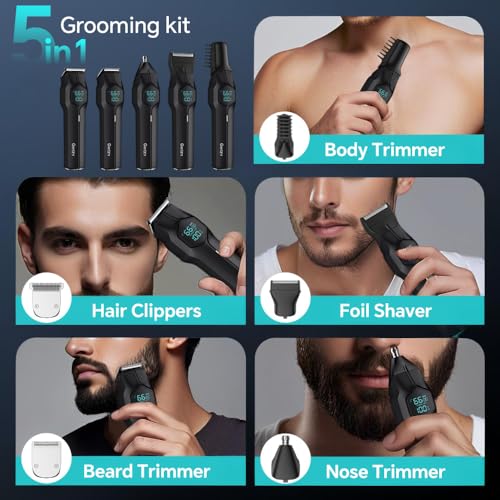 5-in-1 Cordless Waterproof Beard & Hair Trimmer Kit for Men - Rechargeable, Magnetic Heads