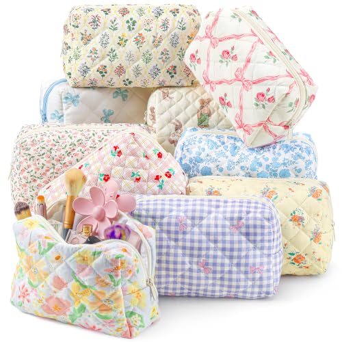 Mix Print Cotton Quilted Makeup Bag Set - 10 Pcs Bridesmaid Gift, 7.09 x 4.33 x 2.76 Inches