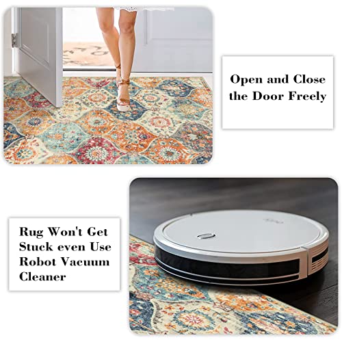6ft Round Moroccan Washable Area Rug - Burnt Orange & Teal Multi - Soft Faux Wool, Low-Pile, Non-Slip Backing