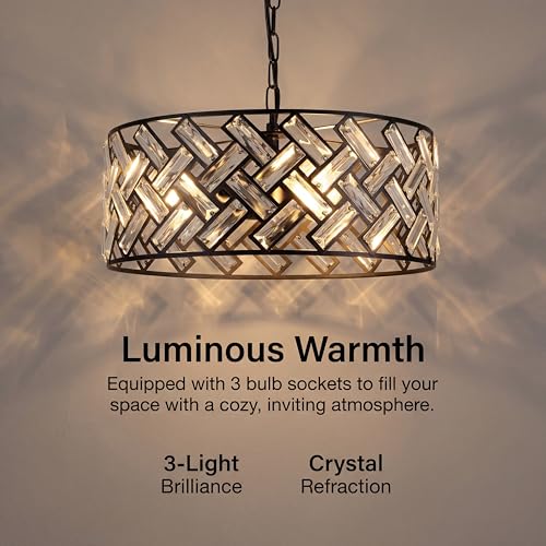 Black Drum Chandelier 16in Crystal Pendant Light for Dining & Kitchen - Criss Cross Variation