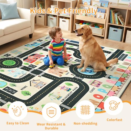 Kids Play Rug 6x9 ft Road Car Track Playmat - Non Slip Washable Toddler Carpet - White Variation