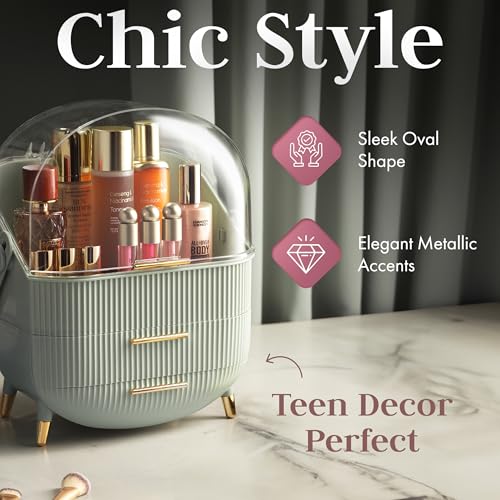 Large Clear Makeup Organizer with Lid & Drawers - Green Variation of Trendy Oval Storage