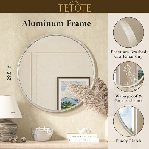 30 Inch Round Wall Mirror - Brushed Nickel Frame, Tempered Glass, Modern Design Variation of THIS listing