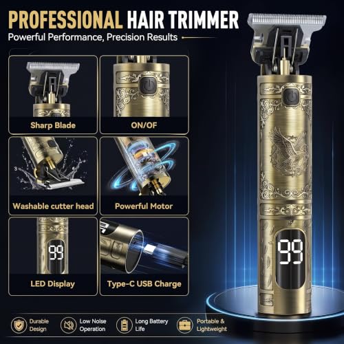 Men's Beard Trimmer with Metal Vintage Body, Precise T-Blade, Long Battery Life