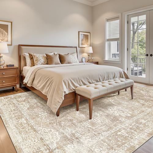 8x10 Washable Area Rug for Living Room - Neutral Beige and Brown