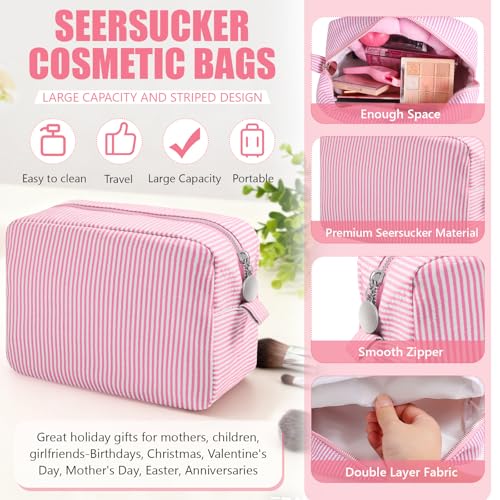 Giesiery 8 Pcs Seersucker Makeup Bags Striped Cosmetic Bags Bulk Organizer for Women Preppy Travel Toiletry Pouch for Wedding Bridesmaid Gifts (Pastel Color, Large)