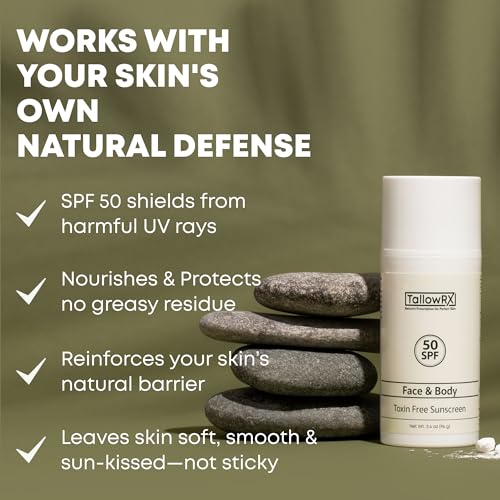 Tallow Sunscreen SPF 50 Mineral Sunblock with Zinc & Red Raspberry - Reef Safe, Non-Toxic, 3.4 oz