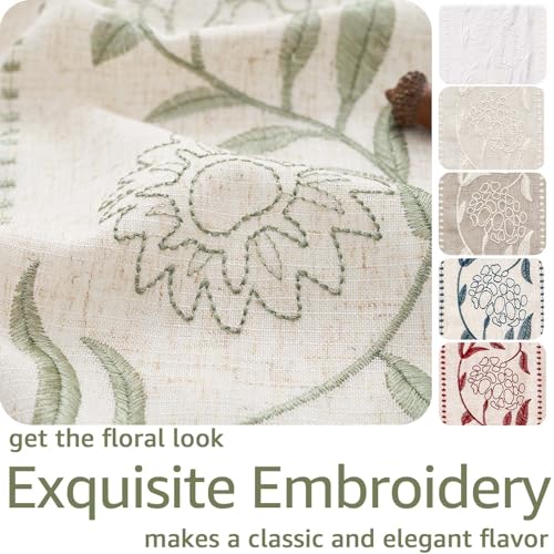 Jinchan Sage Floral Linen Curtains 50"W x 84"L, Pack of 4, Back Tab, Vintage Style