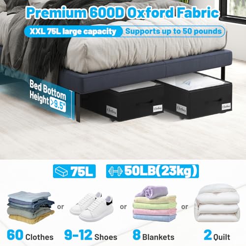Under Bed Storage with Wheels 75L Black 4-Pack Clear Lid & Label - 10 Inch