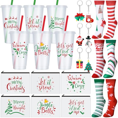 Christmas Gift Set with Tumblers Socks Makeup Bags & Keychains - Merry Christmas Variation
