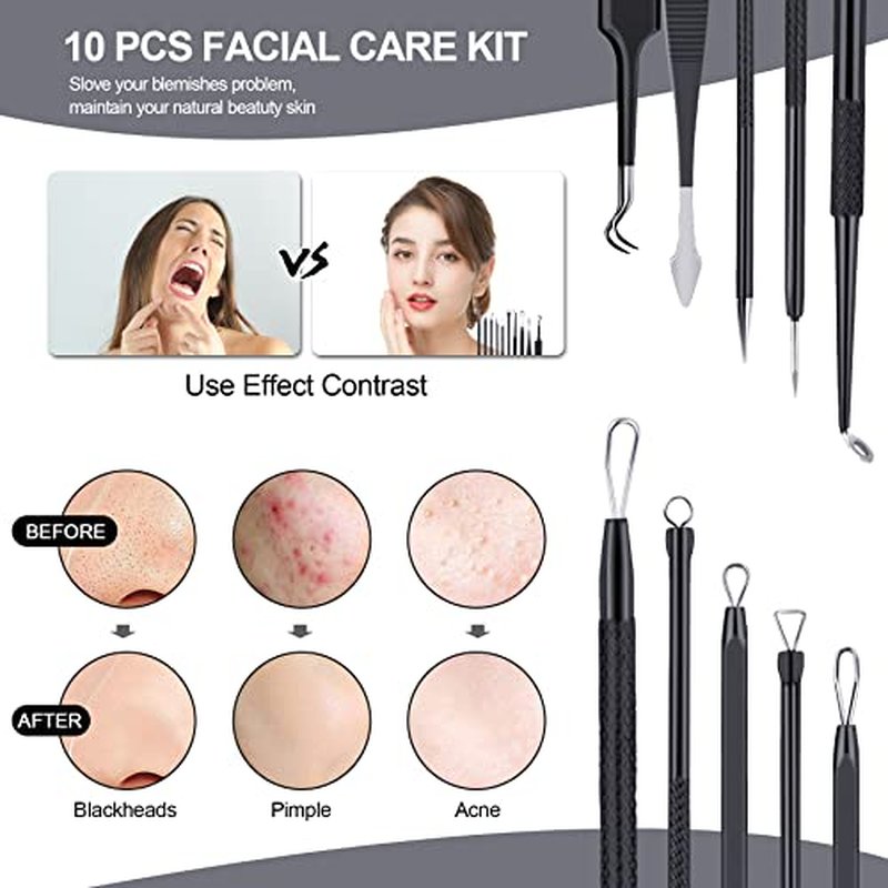 MENOLY Pimple Popper Tool Kit 10 Pcs, Pimple Blackhead Remover Tool Zit Popper for Blemish, Pimple Comedone Extractor Acne Tool for Blackheads, Acnes, Whiteheads Nose Face Tools with Leather Bag