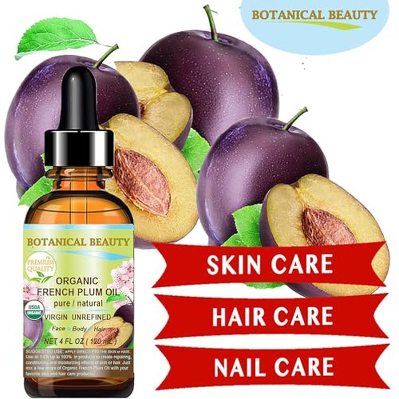 Botanical Beauty Organic French PLUM OIL 100% Pure Natural VIRGIN UNREFINED Cold-Pressed Carrier Oil for Face, Skin, Body, Hair, Lip, Nails. Rich in Vitamin E, Omega 6, Omega 9 (4 Fl Oz)