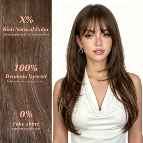 Brown Layered Wig with Bangs for Women - Realistic Scalp, Style Variations Blonde Highlight