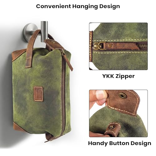 LEATHER VILLAGE Genuine Leather Dopp Kit for Men & Women ? Travel Vintage Toiletry Bag with Waterproof Lining, Shaving & Bathroom Essentials Organizer - Green