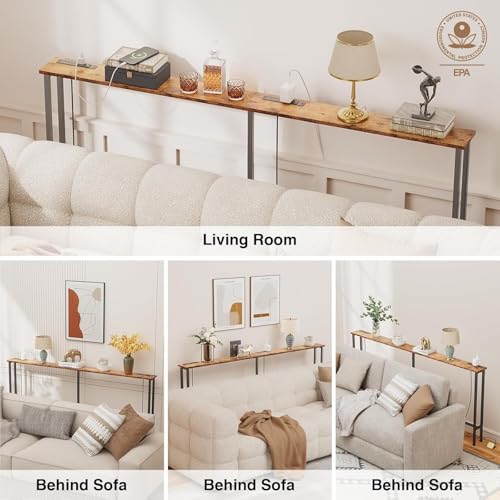 Keelian 102-Inch Rustic Brown Narrow Console Sofa Table with Power Outlets & USB Ports