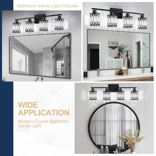 Black 4-Light Modern Crystal Bathroom Vanity Wall Light Fixture - ETL Certified
