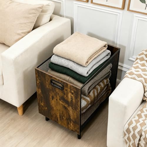 FANTERSI Rustic Brown 66L Blanket Basket Organizer - Wood & Metal Mesh Storage