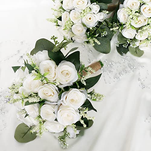 White Bridesmaid Bouquets Set of 6 - 7 Inch Ivory Artificial Flower Arrangements for Wedding & Party - Variation: White