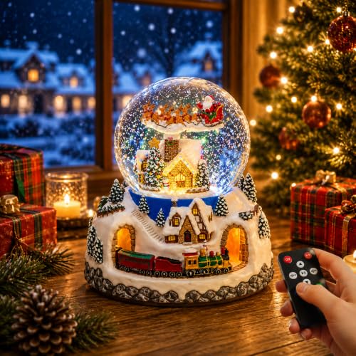 Musical Christmas Village Snow Globe with Santa & Reindeer—48 Carols, Remote