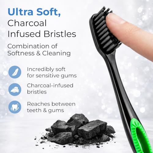 12 Pack Activated Charcoal Soft Toothbrushes with Ultrafine Tapered Bristles - Compact Head & Slim Design