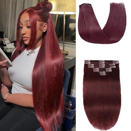 CHARMHAIR 16 Inch Remy Human Hair Clip-In Extensions Burgundy 90g - Easy Volume & Styling