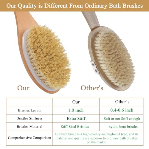 OWIIZI Extra Stiff Back Scrubber Brush for Shower - Long Wooden Handle Body Exfoliator