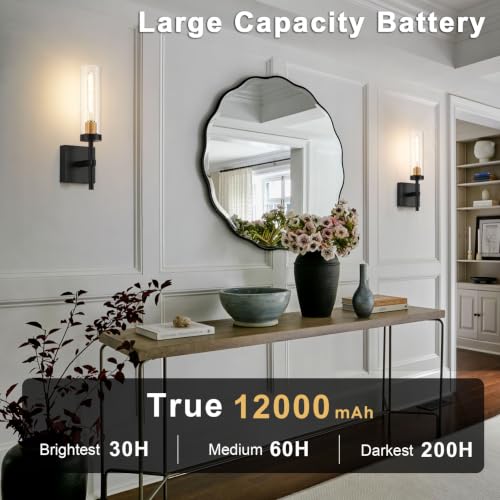 SANTOSTOCK Black Gold & Clear Glass Wireless Wall Sconces Set of 2 - Rechargeable Dimmable Battery-Powered LED Lights for Bedroom Living Room Bathroom Hallway 16 Inch