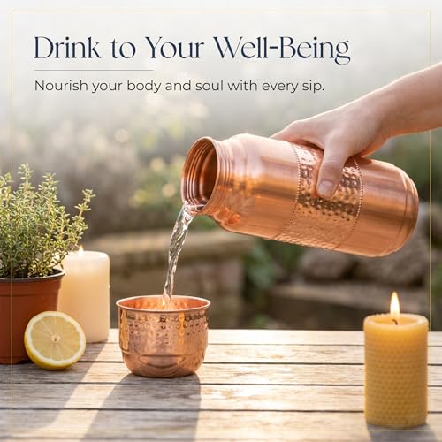 Inanosa 68 oz Copper Water Bottle Set with Cup Straw & Canvas Bag - Hand-Hammered Lab-Tested