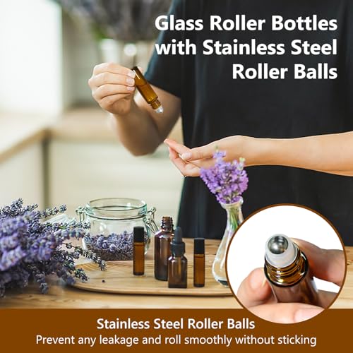 KEYWING 10ml Amber Glass Roller Bottles for Essential Oils - 54 Pack, Includes Dropper & Spare Balls