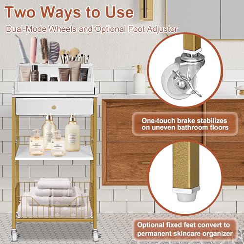 Makeup Organizer Cart with Detachable Hair Tool Holder - Gold, 15-Inch Wide