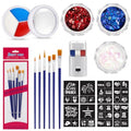 19 Pcs Red White Blue Face Paint Kit Patriotic Stripe Fan Brush Stick 3 Color Face Glitter Powder Stencil Stickers with Makeup Brush Independence Day Face Painting Kit for Memorial Day Party Favors