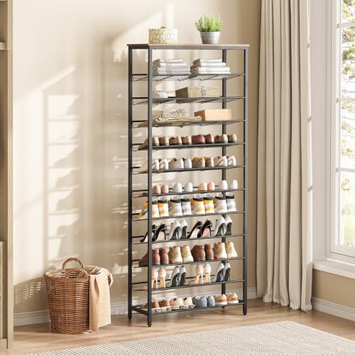 12-Tier Shoe Rack Organizer for Entryway - Large Capacity, Adjustable Mesh Shelves, Rustic Brown & Black