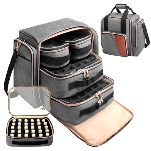 Large Nail Polish Organizer Bag Holds 80 Bottles (15ml/0.5 fl.oz), Portable Nail Lamp Kit Shoulder Case with 4 Removable Pouches, Multiple Pockets for Nail Supplies Storage (Elegant Gray)