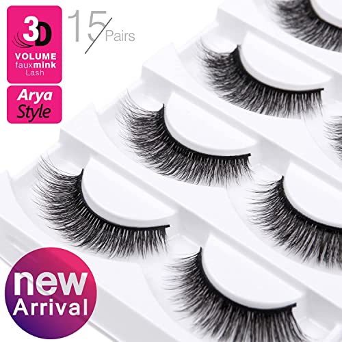 Eliace False Eyelashes Natural look Cat Eye Lashes Wispy Strips,15 Pairs 3D Mink Lashes Fake Eyelashes Volume Fluffy Thin Soft Band Comfortable Long Thick Dramatic Cross Eyelash Reusable, Arya Style