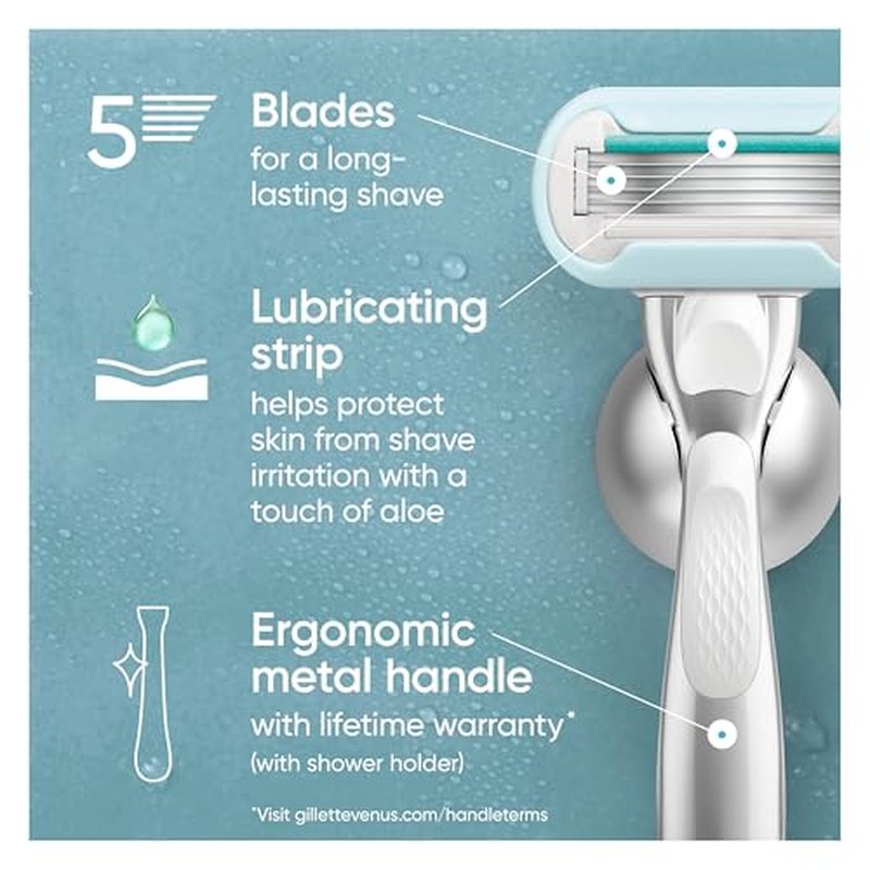 Gillette Venus Extra Smooth Sensitive Razor for Women, Includes 1 Reusable Razor Handle + 2 Refills, for Sensitive Skin with Metal Handle and Shower Holder