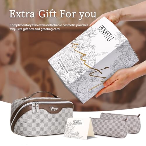 BOYATU Travel Makeup Bag Cosmetic Bags for Women: Large Make up Bags Set of 3 - Portable Makeup Organizer with Compartments&Handle&Divider - Waterproof PU Leather Toiletry Bag(C-1-Light Brown)