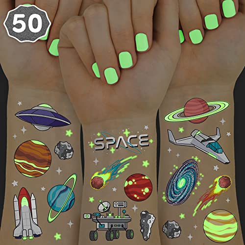 xo, Fetti Space + Planets Glow in Dark Temporary Tattoos for Kids - 50 pcs | Alien Birthday Party Supplies, Astronaut Favors + Rocket ship Decorations