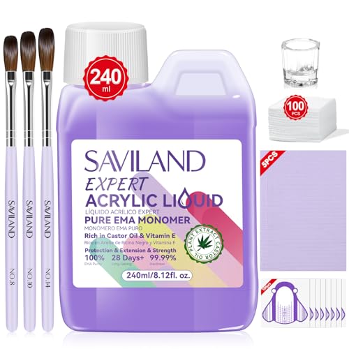 SAVILAND 8OZ EMA Acrylic Liquid Monomer: Pure EMA Odorless Liquid Monomer Professional Nail Monomer Liquid Kit for Acrylic Powder with Acrylic Brush Dappen Dish Nail Table Mat Nail Tech Salon