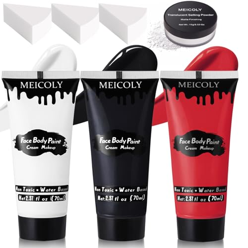 Black White Red Face Body Paint Set with Sponges & Setting Powder for Halloween Costumes