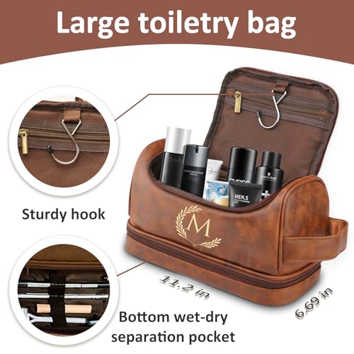 Personalized Leather Toiletry Bag For Men, Engraved Initial Travel Toiletry Bag for Men, Travel kit for Him, Ideal Gift for Him Dad Father Son Husband Grandpa Lover Christmas Anniversary Birthday(R)