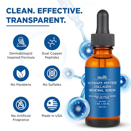 Molu Ultimate Peptide Collagen Renewal Serum - Transform aging skin, even tone, and improve appearance of lines and pores - with Copper Peptides, Niacinamide, and Pterostilbene - 1 oz.