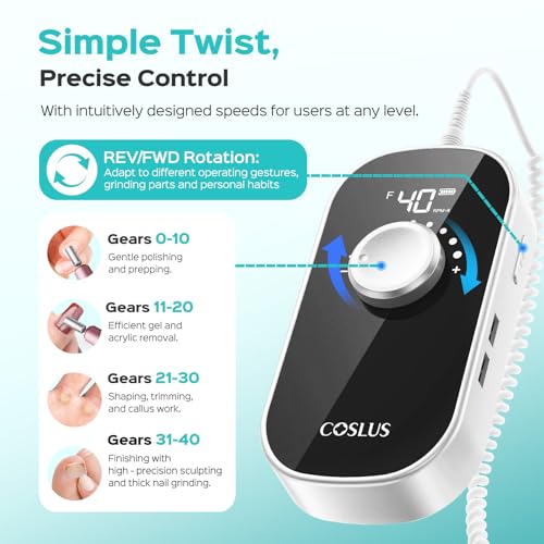 COSLUS E51 Electric Nail Drill - Professional White Handheld Nail File with LCD Display