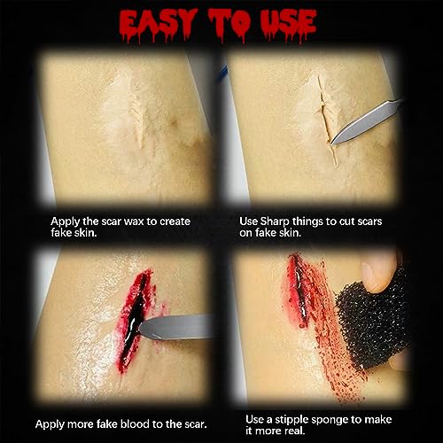 Professional Halloween SFX Special Effects Makeup Kits, Fake Blood, Scab Coagulated Blood Gel, 12 Colors Face Body Paint, Wound Modeling Scar Wax With Spatula Tool, Brushes, Stipple Sponge, Adhesive