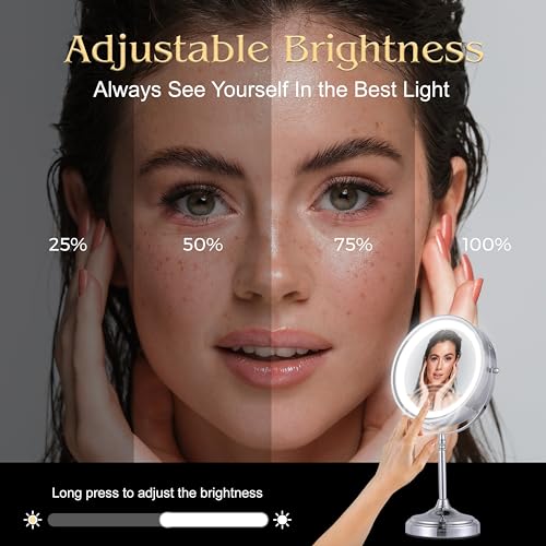 Super Zoom 15X Magnifying Makeup Mirror with Lights - 15X & 1X Make Up Vanity Mirror with 3 Lighting Modes, Rechargeable Battery with USB Cable - 8" Wide & 15" Tall (Chrome)