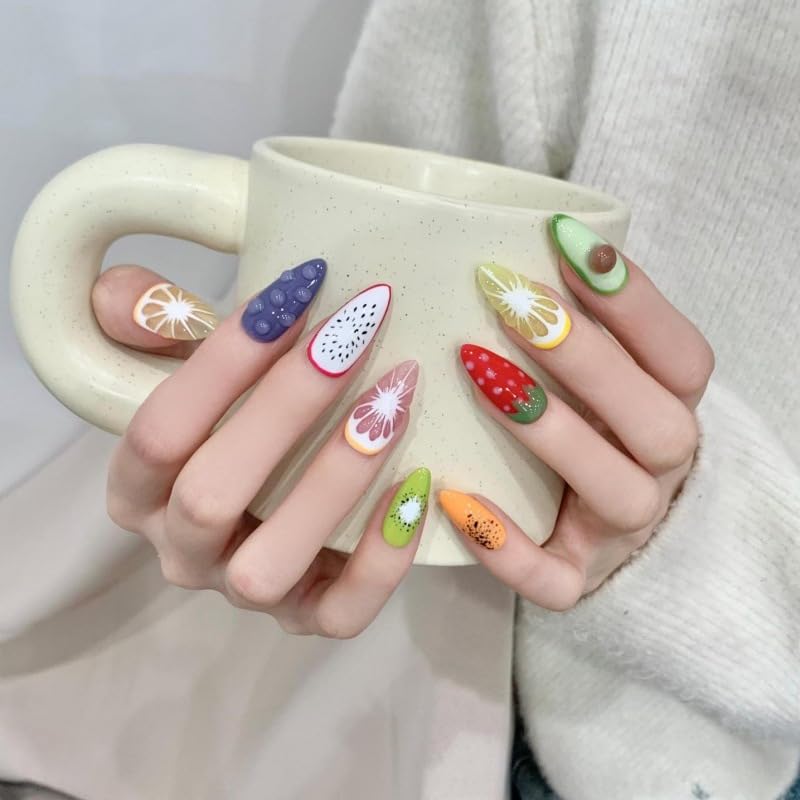 Wsliana Handmade Press On Nails - Medium Almond False Tips with 3D Fruit Design, Reusable, Long-Lasting, Easy Fit, Natural Look - Variation WS076 / L