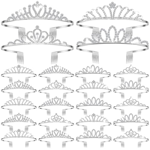 24 Pcs Crystal Tiara Crowns for Women Bulk - Silver Classic
